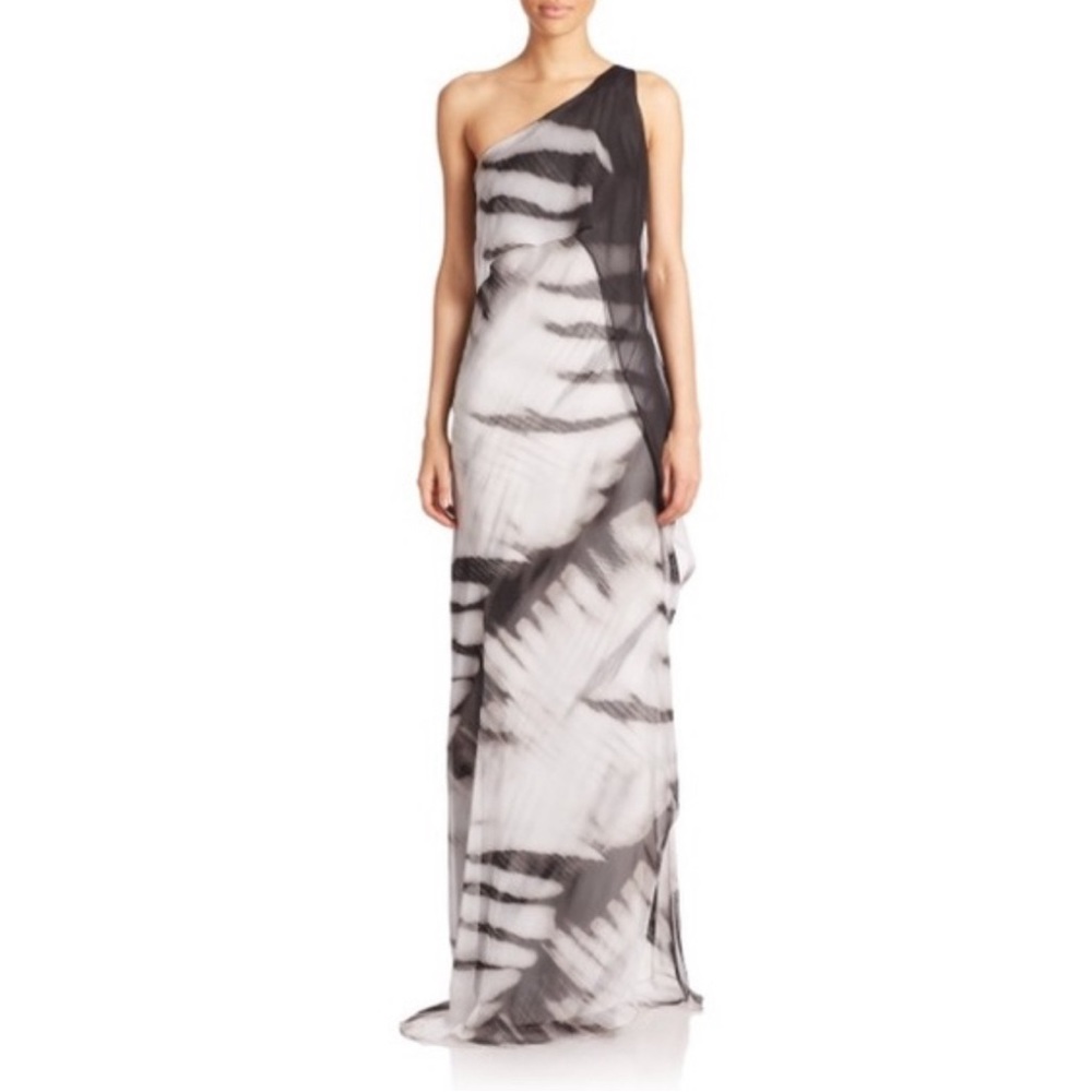Halston Heritage women one shoulder tie-dye long caftan‎ dress gray/black size 4
